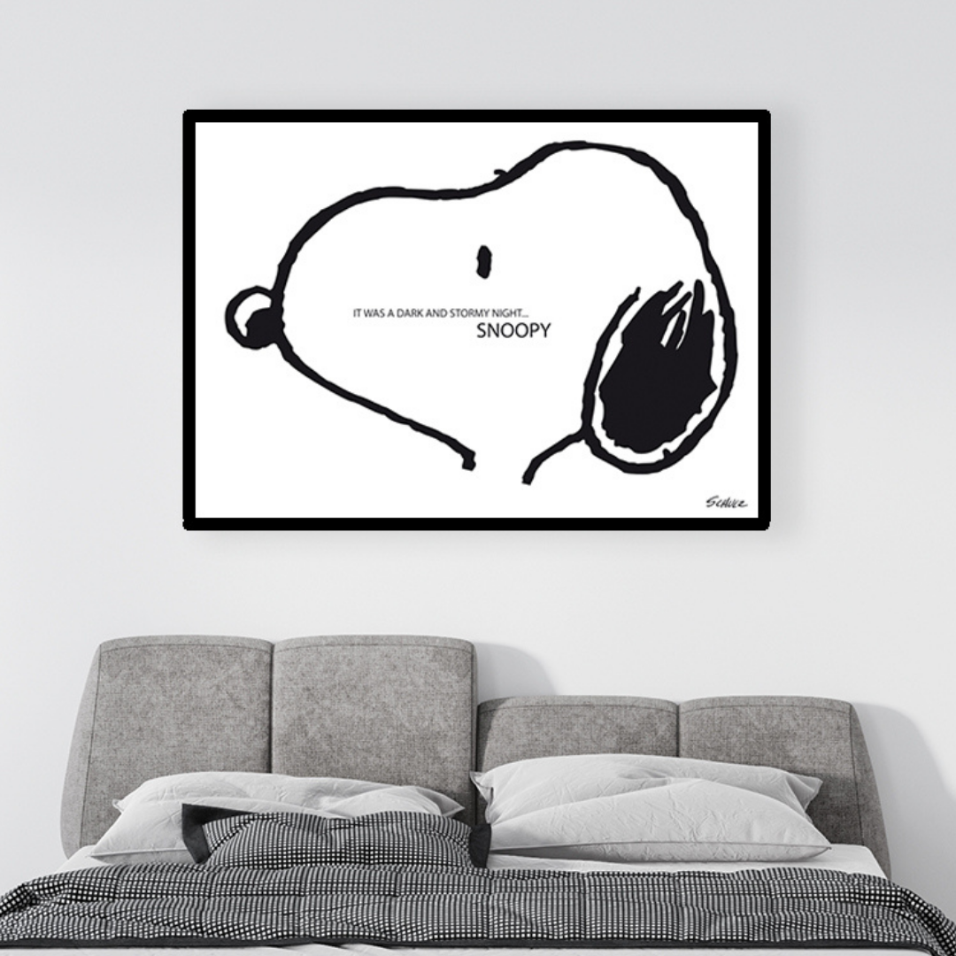 Stampa Snoopy sopra letto moderno, bianco e nero