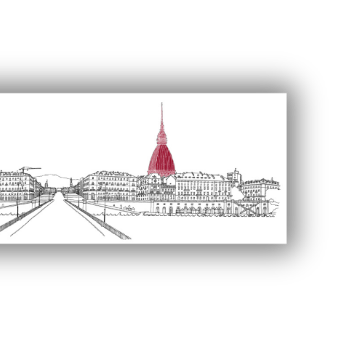 Dettaglio Quadro Toro Torino è stata e resterà granata 'Turin Skyline from Po River' di Pericoli, arte che incornicia l'eleganza di Torino per i tuoi spazi.