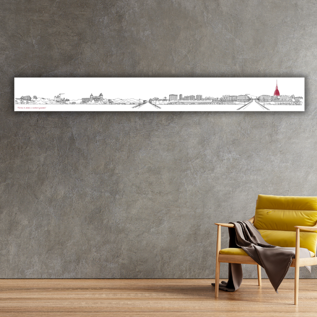 Ambientazione Quadro Toro Skyline Torino è stata e resterà granata 'Turin Skyline from Po River' di Pericoli, arte che incornicia l'eleganza di Torino per i tuoi spazi.