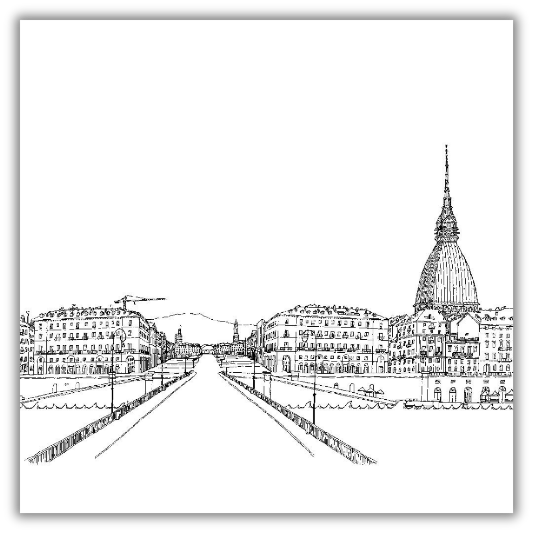 Quadro Opera artistica 'PIAZZA VITTORIO WITH MOLE ANTONELLIANA' di Matteo Pericoli, che ritrae il famoso skyline di Torino, perfetto per interni moderni e minimalisti.
