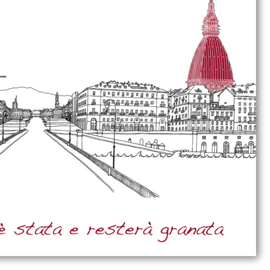 Dettaglio Quadro quadrato Toro Torino è stata e resterà granata 'Turin Skyline from Po River' di Pericoli, arte che incornicia l'eleganza di Torino per i tuoi spazi.