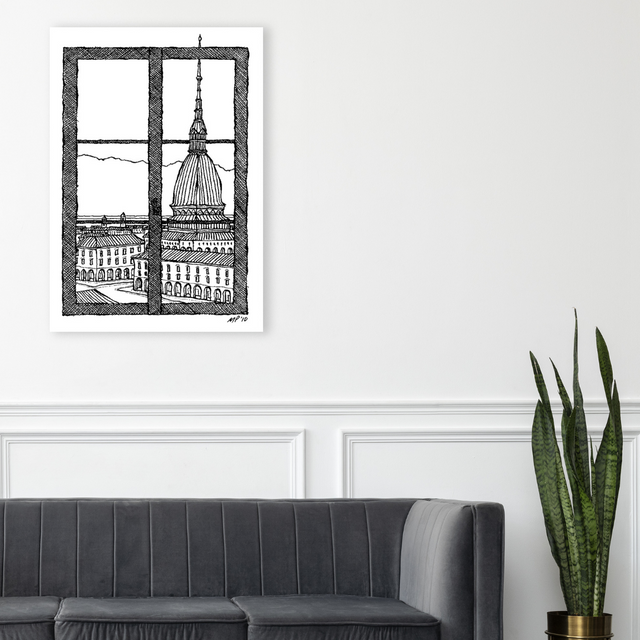 Ambientazione Quadro Illustrazione a china in bianco e nero che ritrae la Mole Antonelliana vista da una finestra immaginaria, opera di Matteo Pericoli.