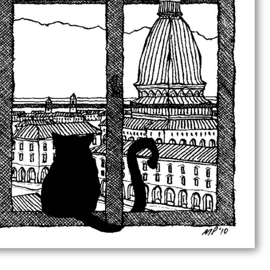 Dettaglio Quadro Incisione in bianco e nero della Mole Antonelliana con gatto, che unisce arte e architettura in un design raffinato.