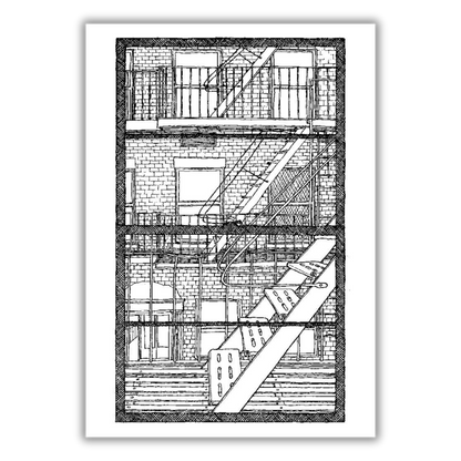 Quadro Disegno dettagliato di una vista urbana di New York da una finestra, in bianco e nero, per un'intima prospettiva metropolitana.