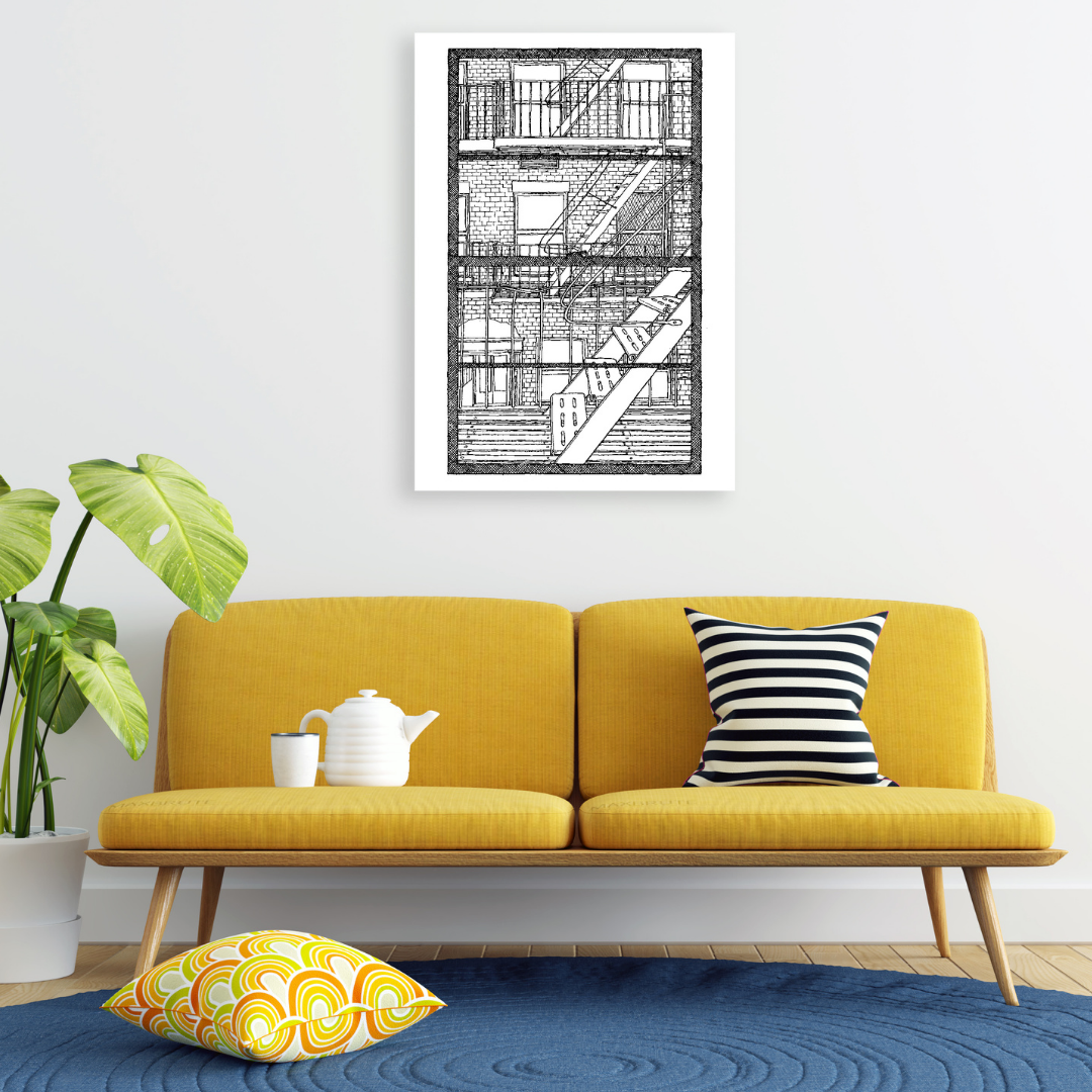 Ambientazione Quadro Disegno dettagliato di una vista urbana di New York da una finestra, in bianco e nero, per un'intima prospettiva metropolitana.