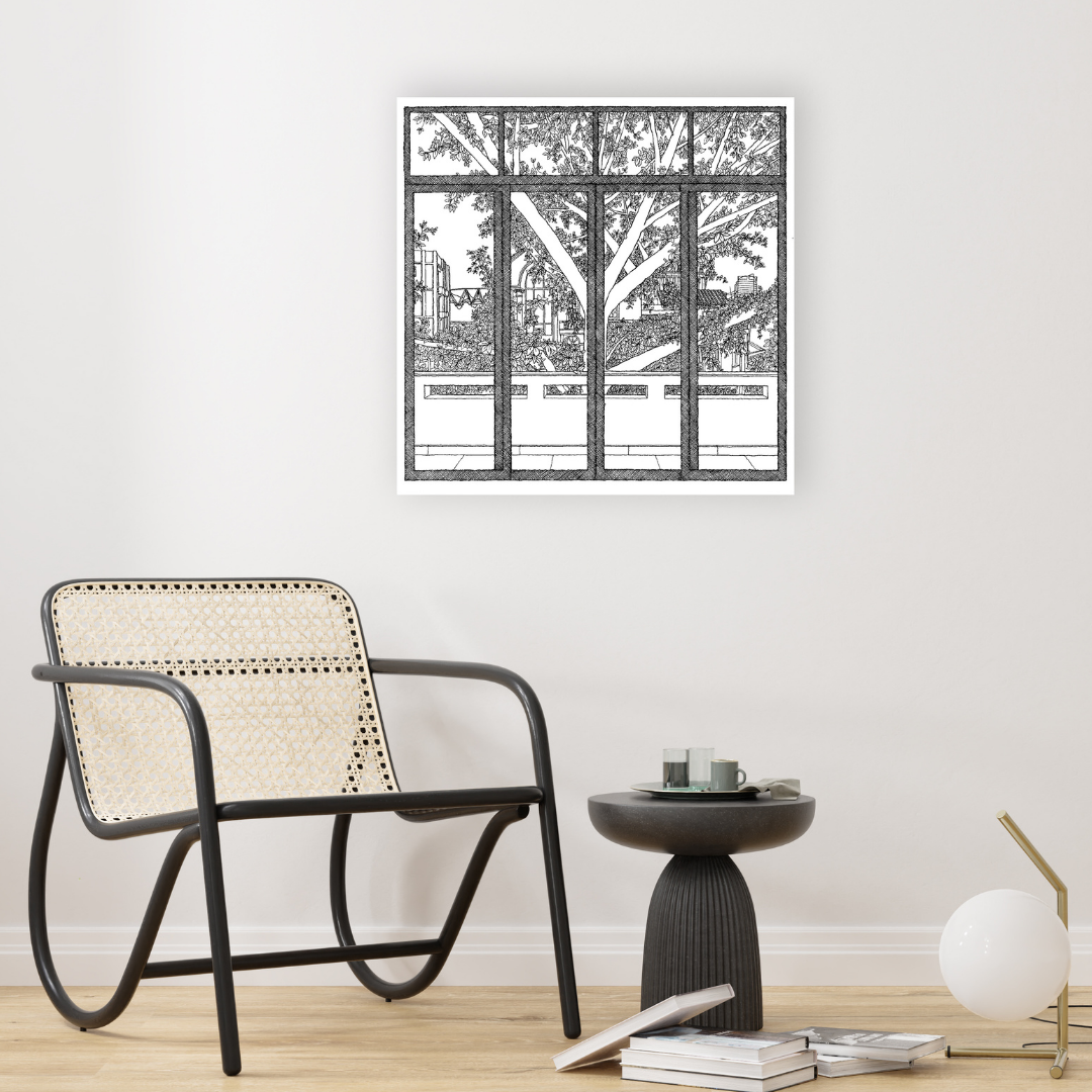 Ambientazione quadro dettagliato di Matteo Pericoli che mostra una vista artistica in bianco e nero dalla terrazza di New York.