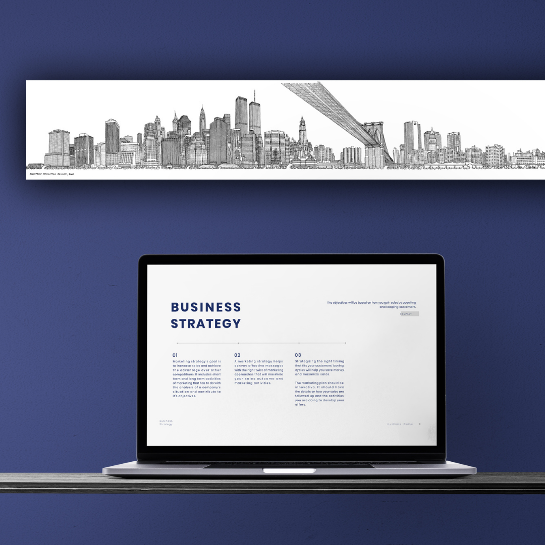 Ambientazione quadro Illustrazione a mano in bianco e nero che mostra il dettagliato skyline della parte orientale di New York, opera dell'artista Matteo Pericoli.