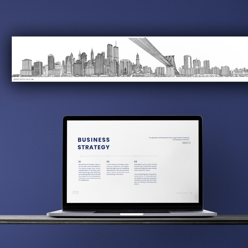 Ambientazione quadro Illustrazione a mano in bianco e nero che mostra il dettagliato skyline della parte orientale di New York, opera dell'artista Matteo Pericoli.