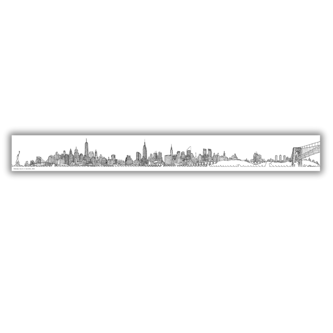 Quadro Illustrazione a mano in bianco e nero di una skyline immaginaria di New York City, realizzata dall'artista Matteo Pericoli.
