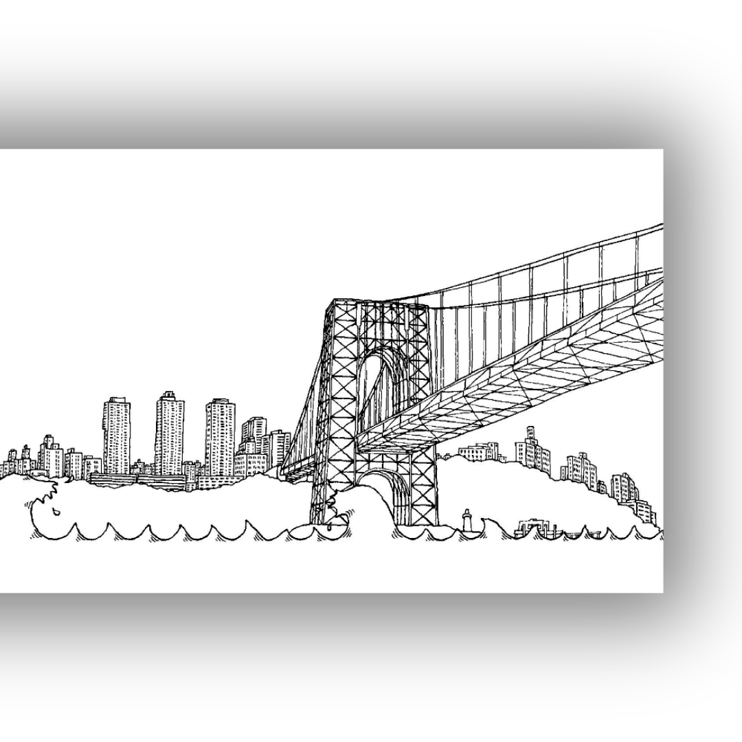 Dettaglio Opera Illustrazione a mano in bianco e nero di una skyline immaginaria di New York City, realizzata dall'artista Matteo Pericoli.