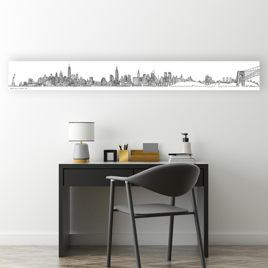 Ambientazione Quadro Illustrazione a mano in bianco e nero di una skyline immaginaria di New York City, realizzata dall'artista Matteo Pericoli.