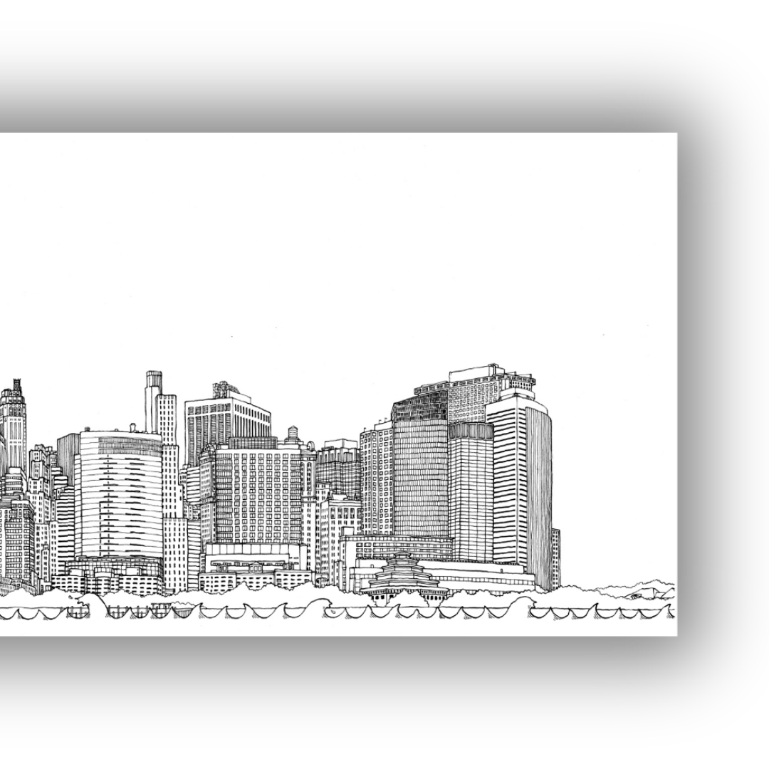 Dettaglio Quadro illustrazione dettagliata a china in bianco e nero della skyline di Londra, opera dell'artista Matteo Pericoli.