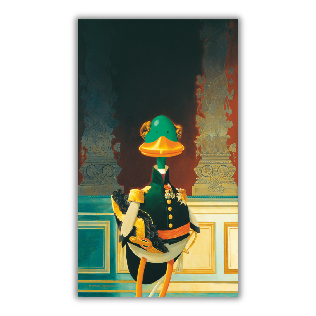 Quadro Duck D'Orleans di Michelangelo Rossino, un quadro che ritrae un'anatra in uniforme nobiliare in uno stile artistico che fonde la classicità con l'umorismo moderno.