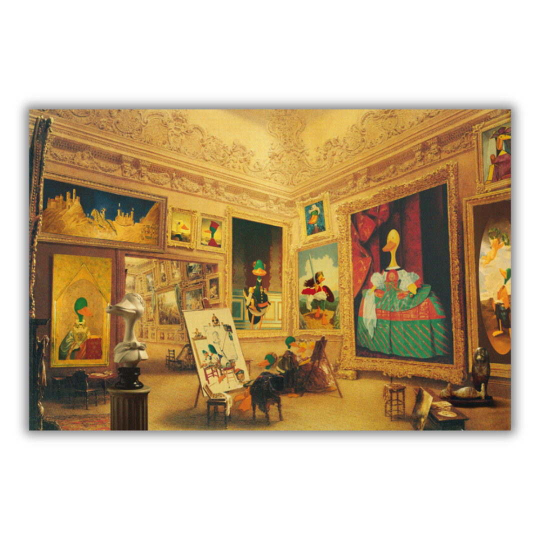 Quadro Opera 'Original Duck’s Gallery' di M. Rossino, un'interna di galleria d'arte arricchita da una spensierata rielaborazione di figure e quadri classici.