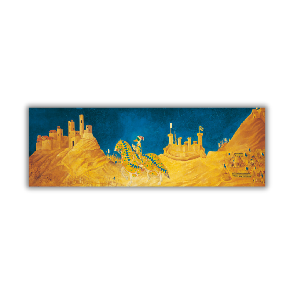 Quadro Papericcio da Milano di Michelangelo Rossino, un'opera artistica che rielabora con ironia la scena medievale di Guidoriccio da Fogliano, mostrando pavoni colorati in un paesaggio fantastico dorato.