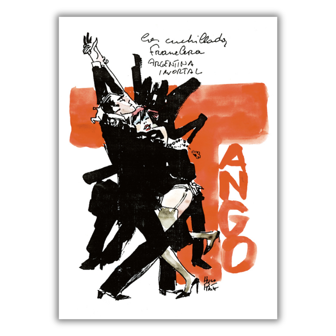 Quadro Il fervore del tango in 'La Cuchillada Argentina Imortal', un dinamico tributo di Pratt all'Argentina.