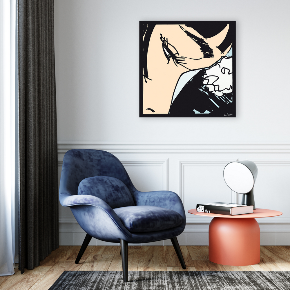 Ambientazione Opera d'Arte di Hugo Pratt, profilo di donna con fascino di tango, in stile minimalista.