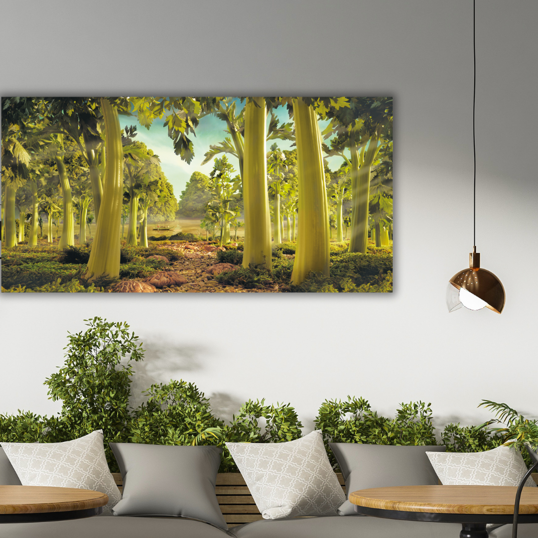 Ambientazione quadro Opera d'arte di Carl Warner che ritrae una foresta fantastica composta da steli di sedano verdi, con sentieri che invitano all'esplorazione immaginativa.