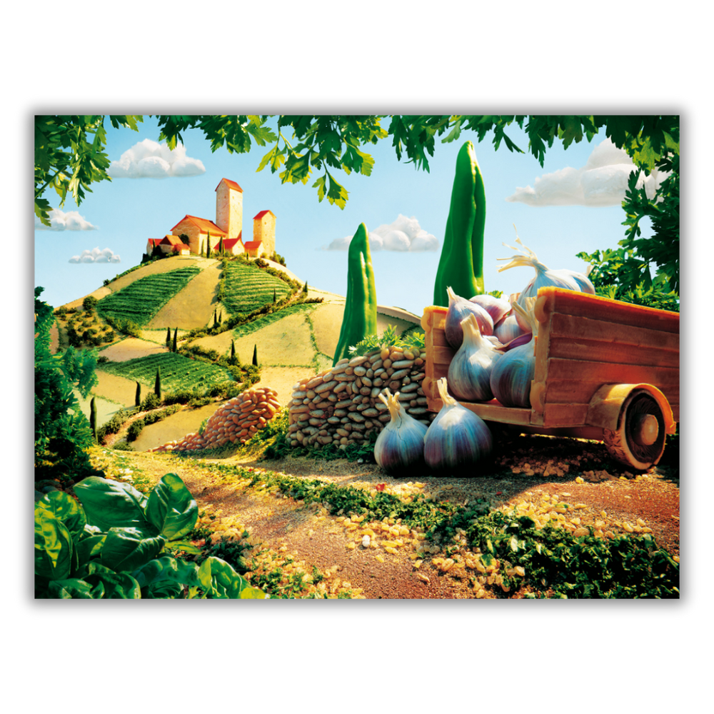 Paesaggio toscano con colline e carretto di aglio