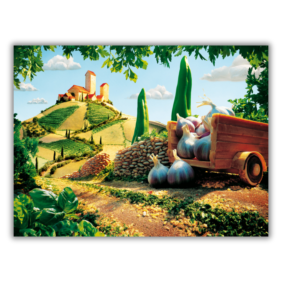 Paesaggio toscano con colline e carretto di aglio