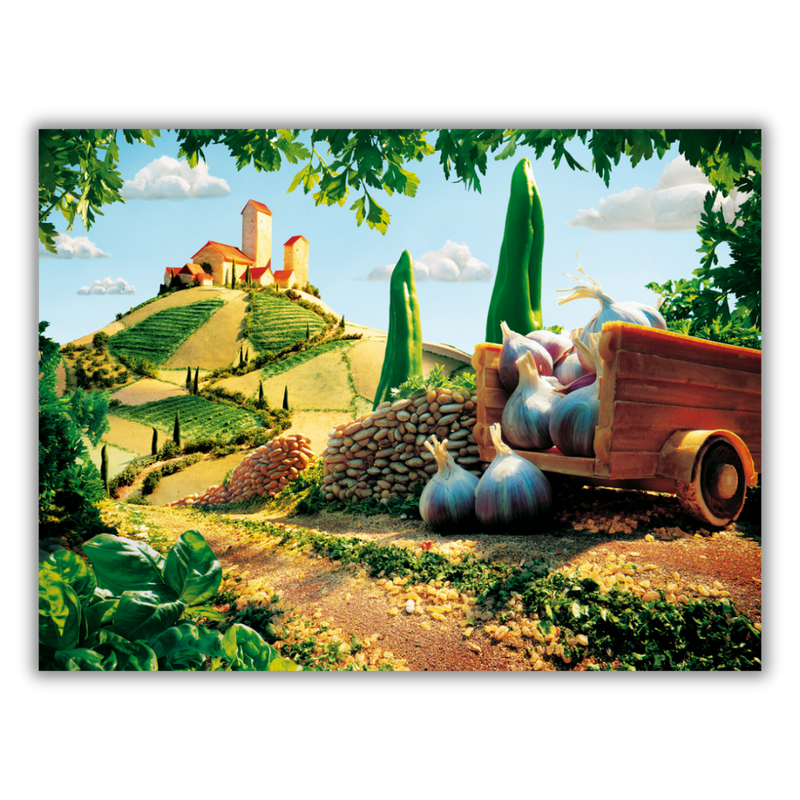 Paesaggio toscano con colline e carretto di aglio