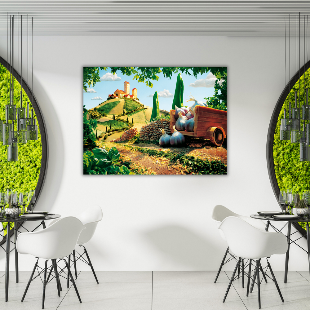 Stampa artistica di paesaggio toscano con carretto di aglio