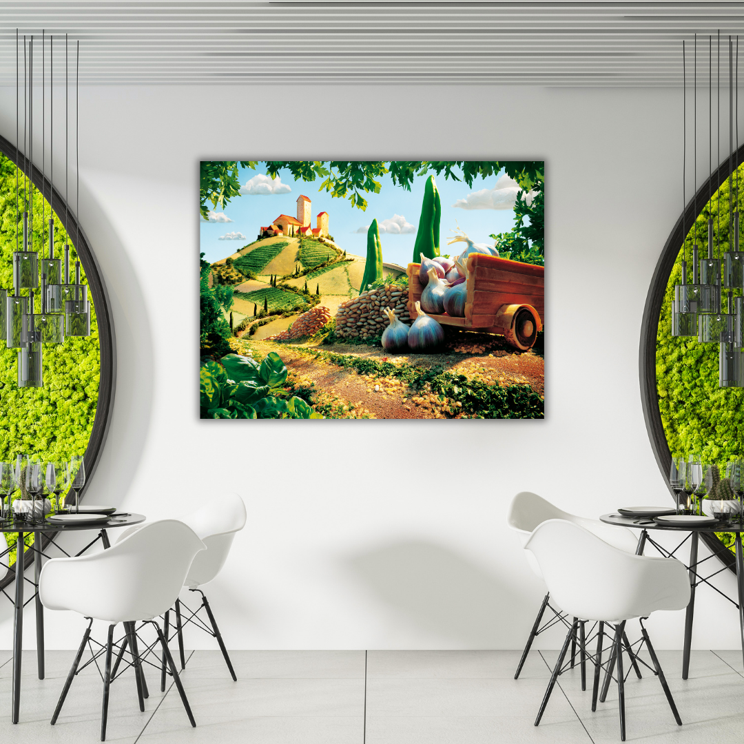 Stampa artistica di paesaggio toscano con carretto di aglio
