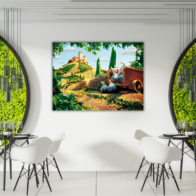 Stampa artistica di paesaggio toscano con carretto di aglio