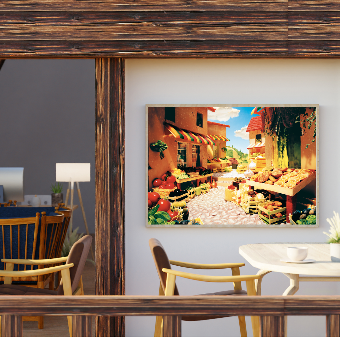 Stampa artistica di mercato toscano in ambiente rustico
