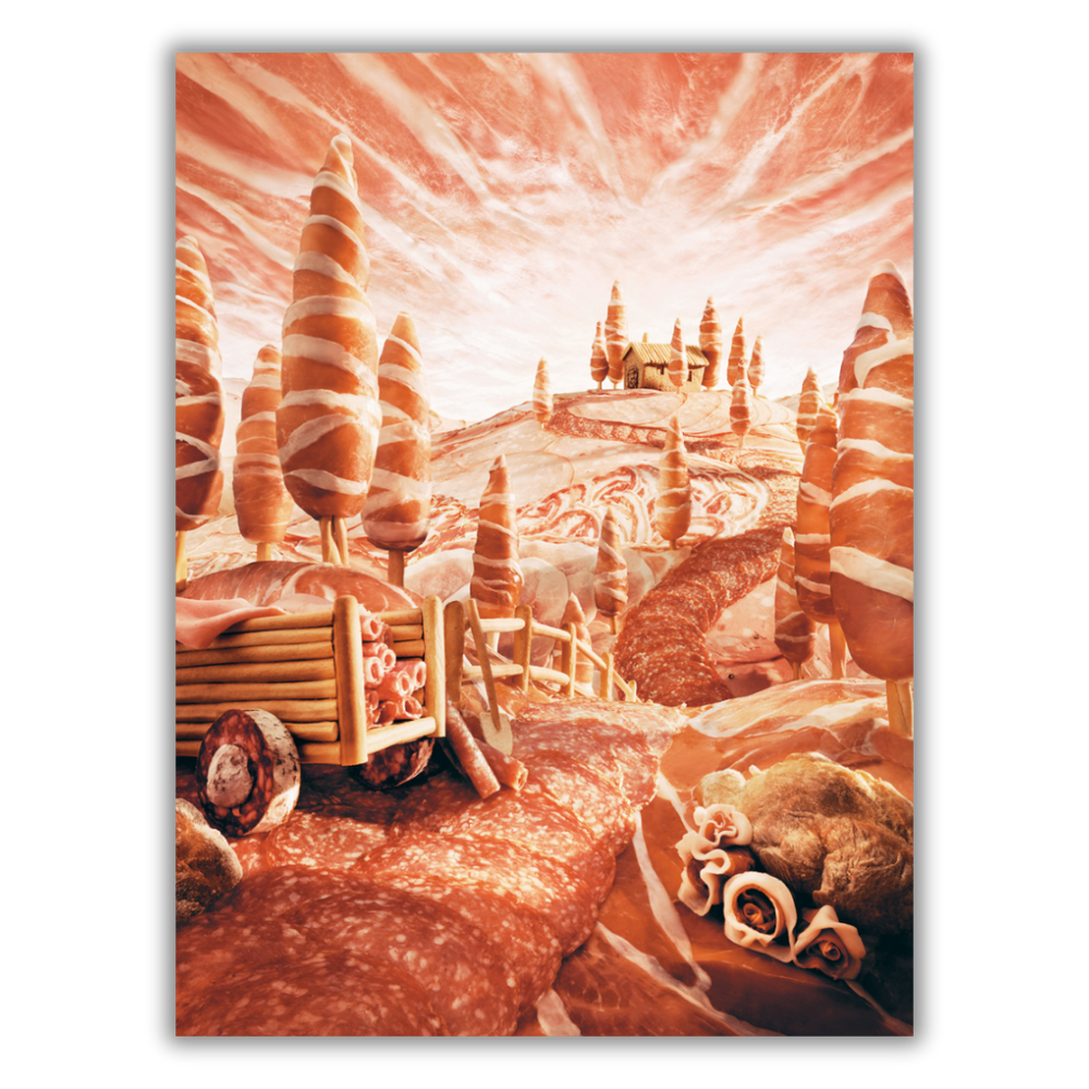 Paesaggio surreale 'Salami Road' di Carl Warner con alberi e sentiero