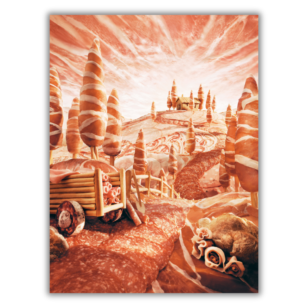 Paesaggio surreale 'Salami Road' di Carl Warner con alberi e sentiero