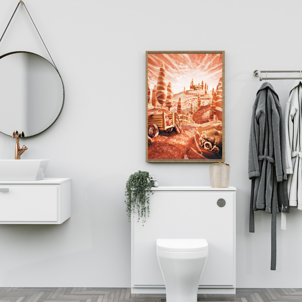 Stampa 'Salami Slopes' di Carl Warner in bagno moderno