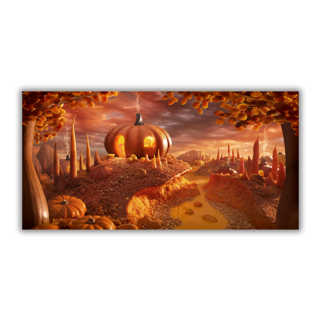 Quadro Pumpkin Paradise', un paesaggio autunnale di zucche sotto un cielo al tramonto, creato da Carl Warner.