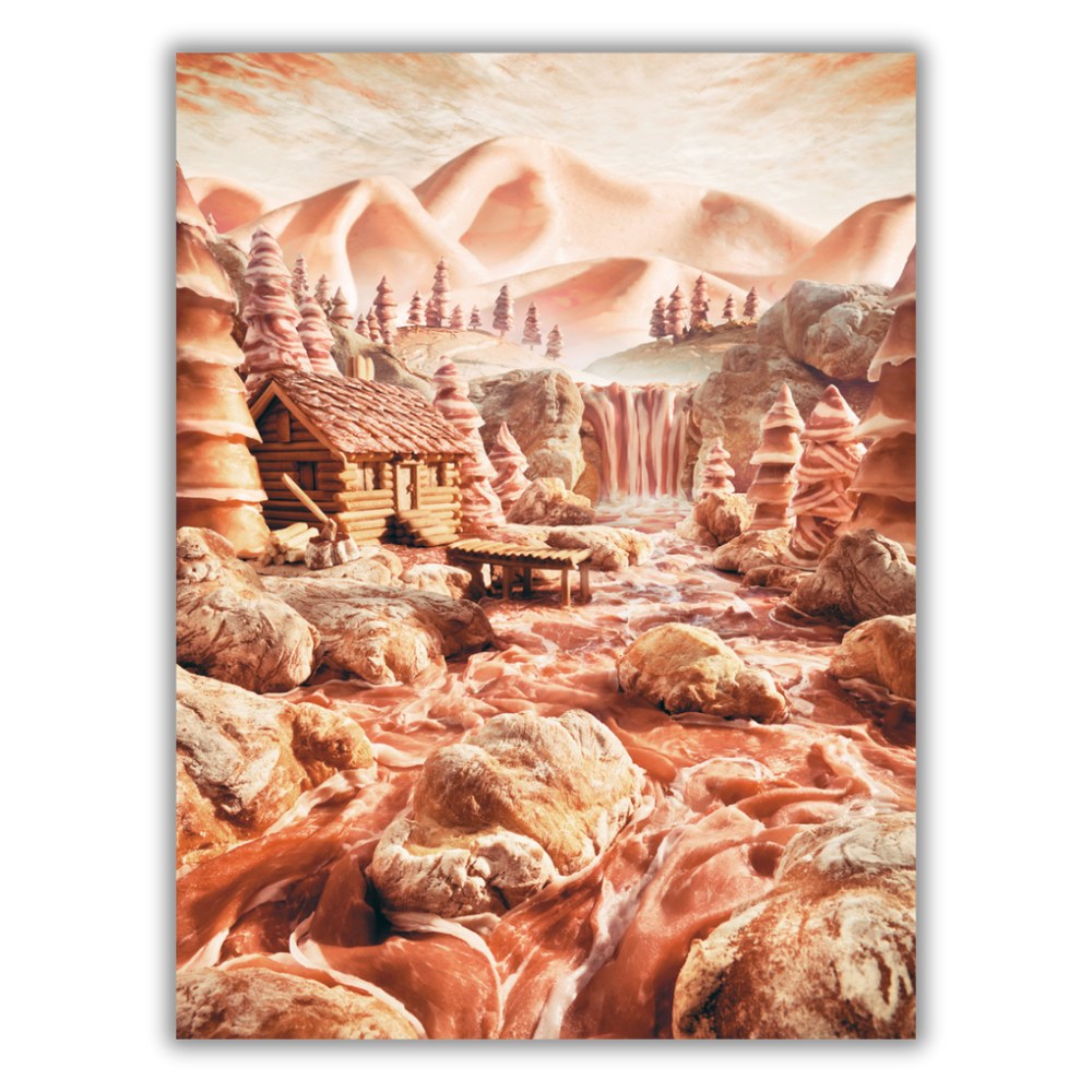 Paesaggio 'Salami Stream' di Carl Warner con cascata e cottage