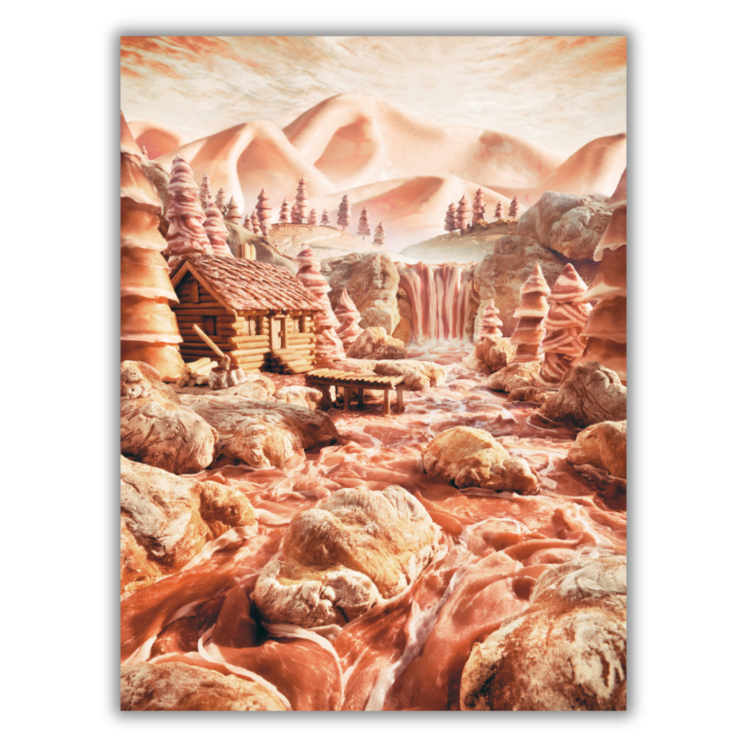 Paesaggio 'Salami Stream' di Carl Warner con cascata e cottage