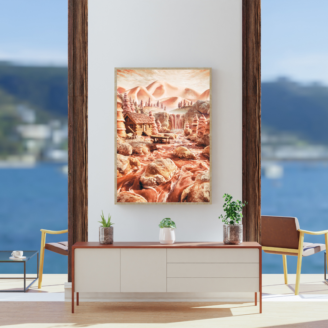 Stampa artistica 'Salami Road' di Carl Warner in soggiorno moderno