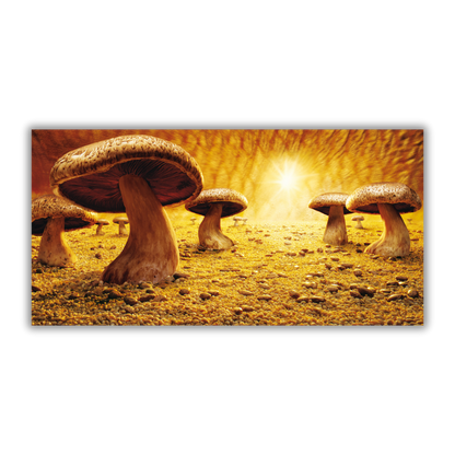 Quadro su tela 'Mushroom Savanna' di Carl Warner, che raffigura funghi giganteschi in una savana dorata con raggi di sole scintillanti, perfetta per stimolare la fantasia in una cameretta.
