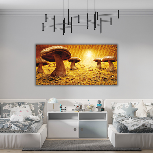 Stampa su tela 'Mushroom Savanna' di Carl Warner, raffigurante funghi giganti in una luminosa savana al tramonto 🌄, perfetta per stimolare la creatività e l'immaginario in una cameretta o spazio gioco 🧸