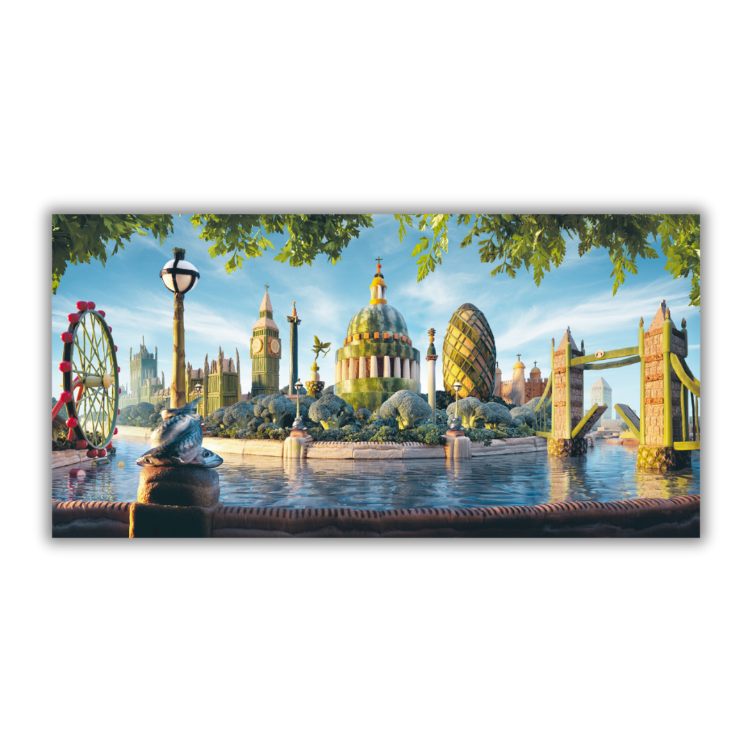 Quadro Stilizzato tela d'arte che raffigura lo skyline di Londra con il London Eye, il Big Ben, e Tower Bridge in una scena urbana surrealista per decorazione interna.