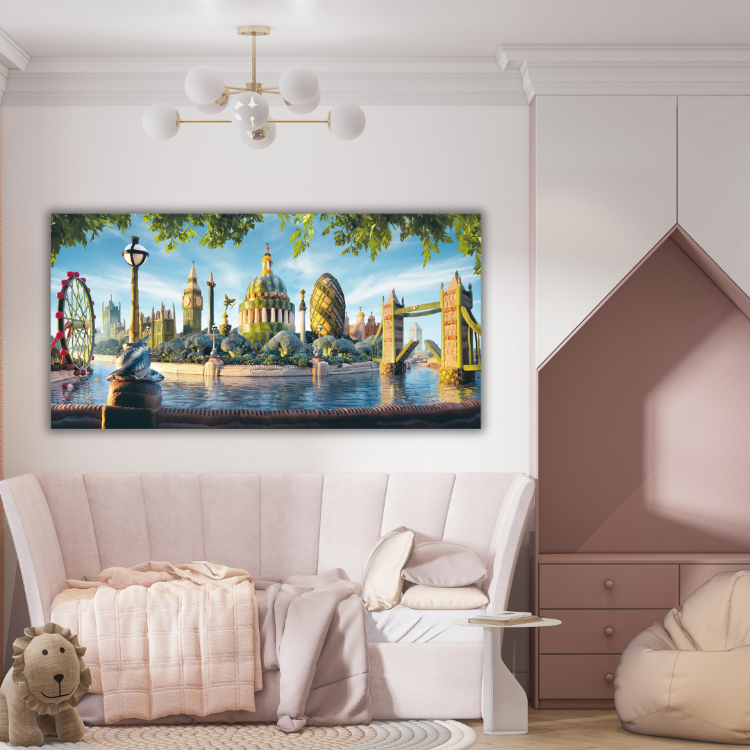 Stampa artistica skyline di Londra di Carl Warner in salotto moderno