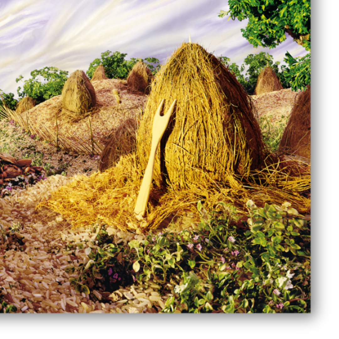 Dettaglio quadro Immagine artistica 'Coconut Haystacks' di Carl Warner che trasforma il cibo in un paesaggio campestre, con alberi di cocco e mucchi di fieno.