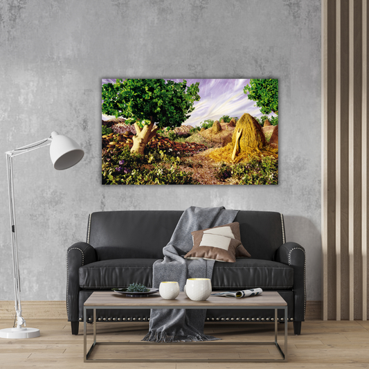 Ambientazione quadro Immagine artistica 'Coconut Haystacks' di Carl Warner che trasforma il cibo in un paesaggio campestre, con alberi di cocco e mucchi di fieno.