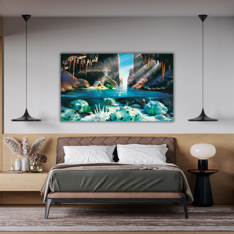 Ambientazione del Quadro Illusione artistica 'Crab Cave', creata da Carl Warner con cibo per ricreare una scena marina vivida e dettagliata.