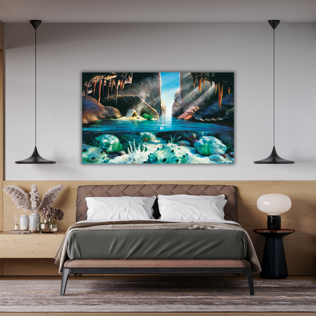 Ambientazione del Quadro Illusione artistica 'Crab Cave', creata da Carl Warner con cibo per ricreare una scena marina vivida e dettagliata.