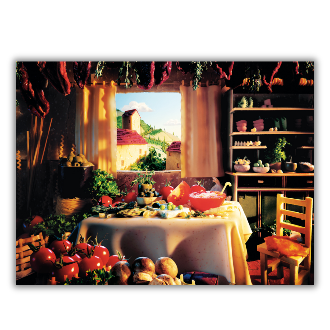 Quadro Opera artistica 'Tuscan Kitchen' di Carl Warner, che raffigura una cucina rustica toscana realizzata interamente con cibo, in un ambiente domestico moderno e ben illuminato