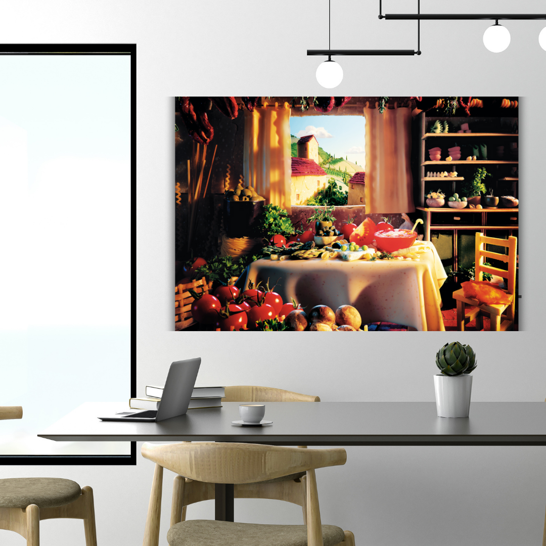 Interno cucina toscana con tavola imbandita e vista paesaggio