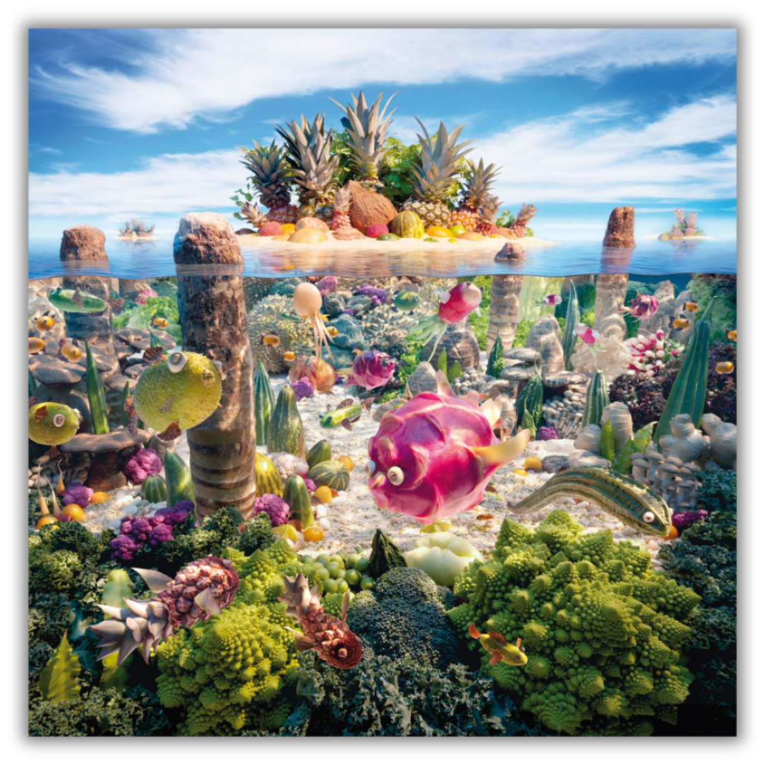 Quadro Opera 'Coralscape' di Carl Warner, un affascinante paesaggio corallino artistico, porta un tocco di oceano e natura in un moderno ambiente di cucina.