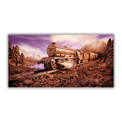 Quadro Opera artistica di Carl Warner che raffigura un treno fatto di cioccolato in viaggio su binari tra paesaggi dolciari, evocando meraviglia e piacere.
