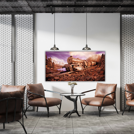 Ambientazione quadro Opera artistica di Carl Warner che raffigura un treno fatto di cioccolato in viaggio su binari tra paesaggi dolciari, evocando meraviglia e piacere.