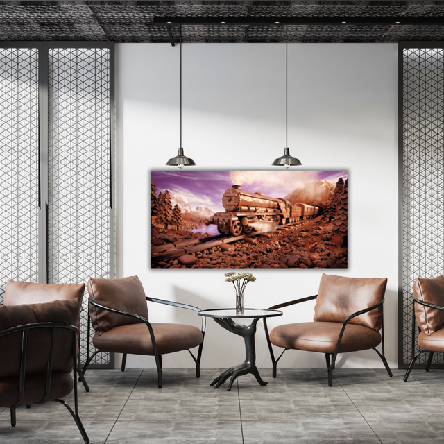 Ambientazione quadro Opera artistica di Carl Warner che raffigura un treno fatto di cioccolato in viaggio su binari tra paesaggi dolciari, evocando meraviglia e piacere.